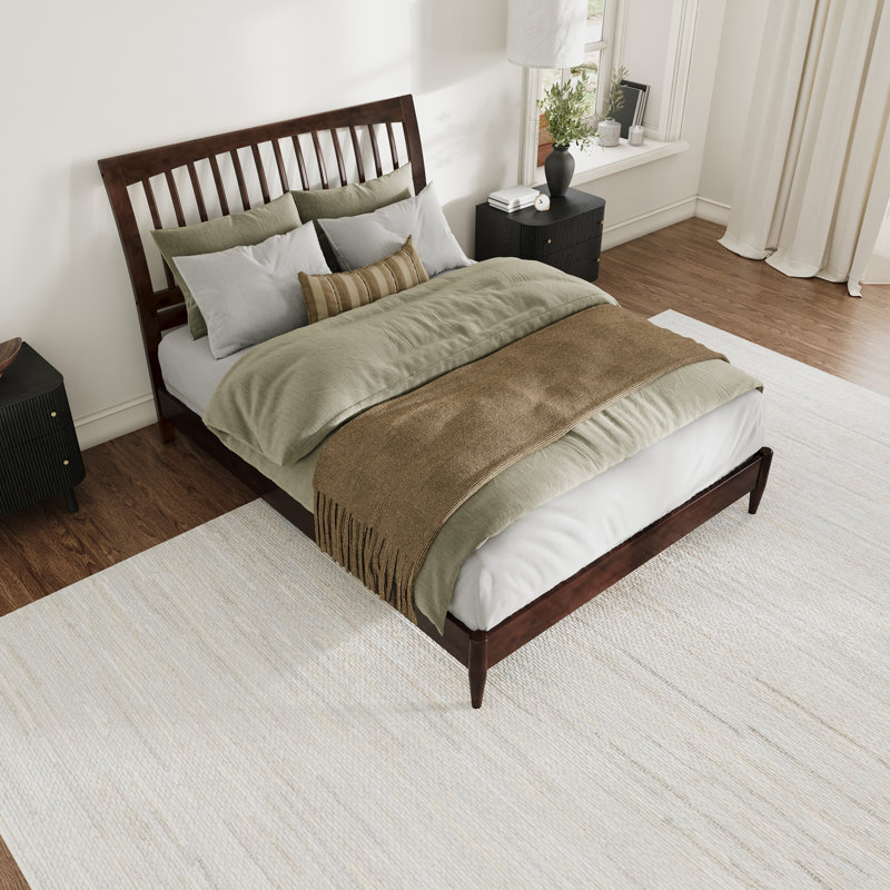 Ambie Low Profile Solid Wood Slatted Spindle Sleigh Bed, Queen, Walnut