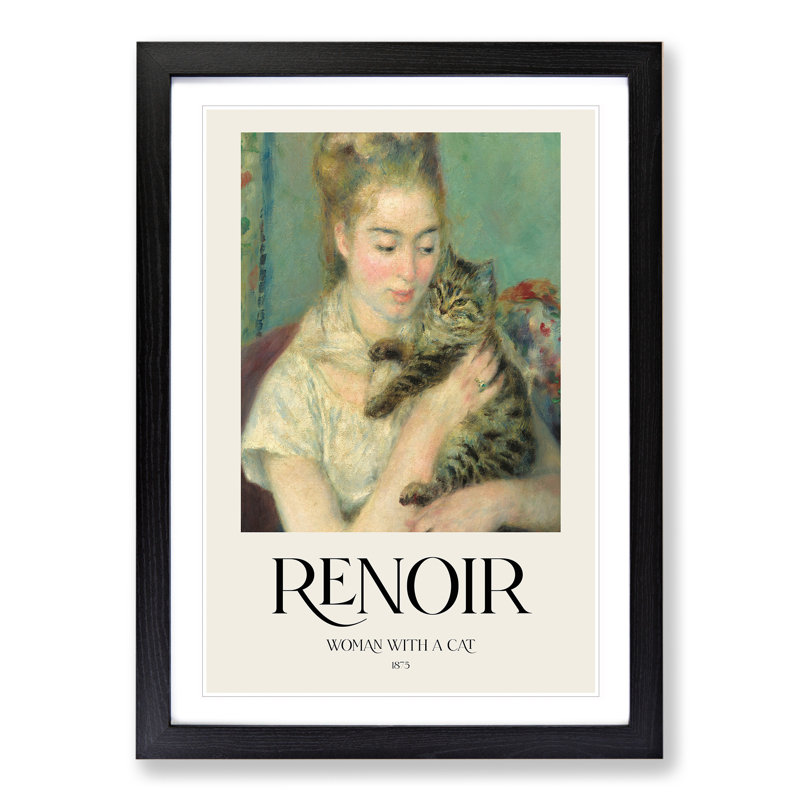Woman with a Cat Print by Pierre-Auguste Renoir - Picture Frame Painting, Black, 36cm H x 27cm W x 2cm D