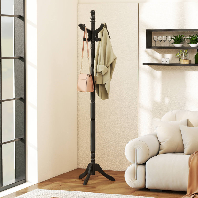 Solid Rubber Wood Coat Rack with 3 Adjustable Heights and 11 Hooks for Hallway, Black