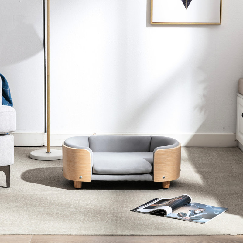 Petit lit pour animal de compagnie de conception scandinave avec structure en bois massif, dossier courbé, coussin en velours lavable, tissu respirant, mousse rebondie, - égratignure, imperméable, teinté, installation en 1 minute, pieds en chêne gris, matériau,