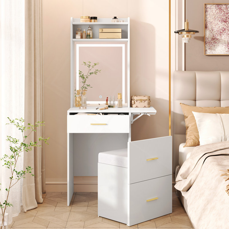 Bureau de coiffeuse, petit bureau de coiffeuse avec miroir et lumière, coiffeuse avec station de charge et panneau rabattable pour les petits espaces, ensemble de coiffeuse de maquillage compact avec tabouret caché pour la chambre à coucher