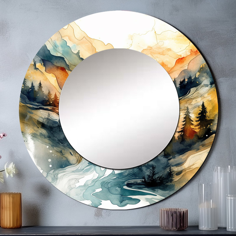 Shalinda Nature's Nordic Beauty III - miroir décoratif scandinave, miroir mural rond jaune, impression d'art en métal