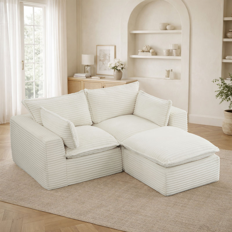 78.8"Cloud Modular Sectional Sofa With Ottoman, No Assembly Required, White Corduroy
