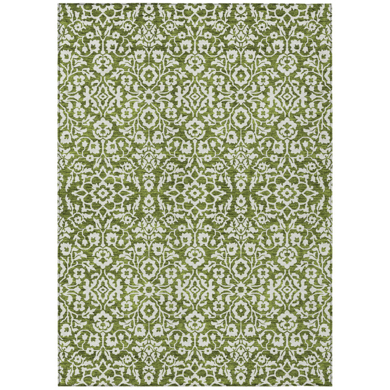HomeRoots 3' X 5' Olive Green And Ivory Damask Washable Indoor Outdoor Area Rug