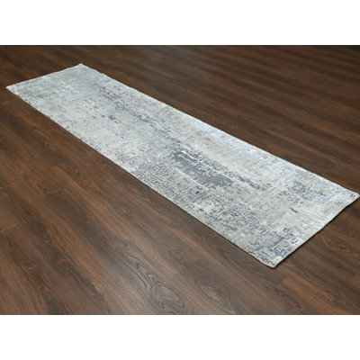 2'7" x 9'10" New Hand Knotted Grey Wool & Silk Runner Oriental Rug - MOA10284516