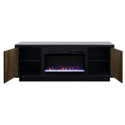 Modern Fireplace Tv Shelf 66", Up To 80" Tvs, Black And Walnut, Two Doors, Minimal Assembly Required 66 Inch Desk, Holds 80