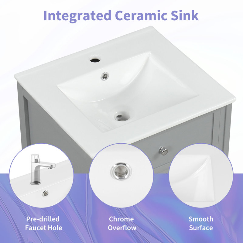 Meuble-lavabo gris 20 po avec lavabo, porte à fermeture douce, support de rangement et tablette réglable