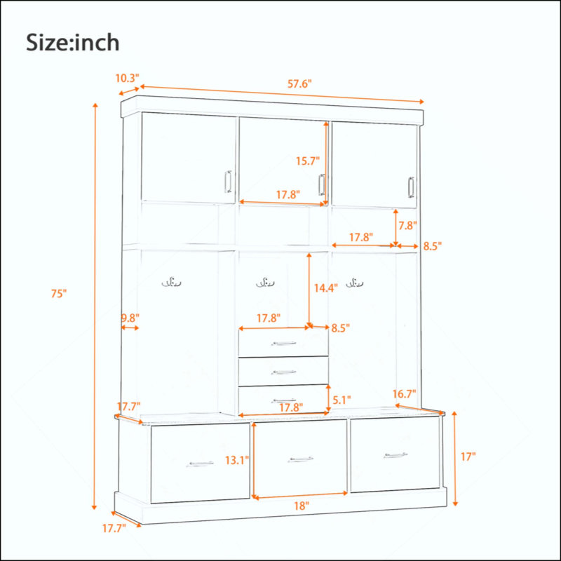 Entryway Hall Tree With Bench And Storage, 5-In-1 Modern Hall Tree With Coat Rack, 6 Drawers, 3 Cabinets And 3-Tier Top Storage For Hallway, Entryway, Living Room, Mudroom