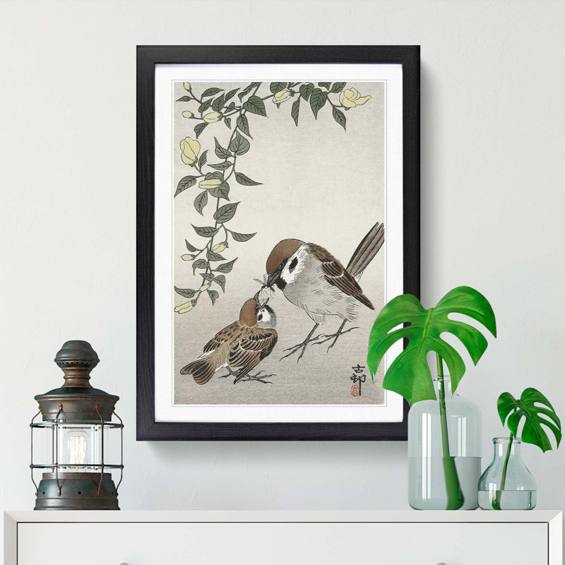 Sparrow Birds and Plants by Ohara Koson - Picture Frame Painting Print, Black Framed, 48cm H x 36cm W x 2cm D