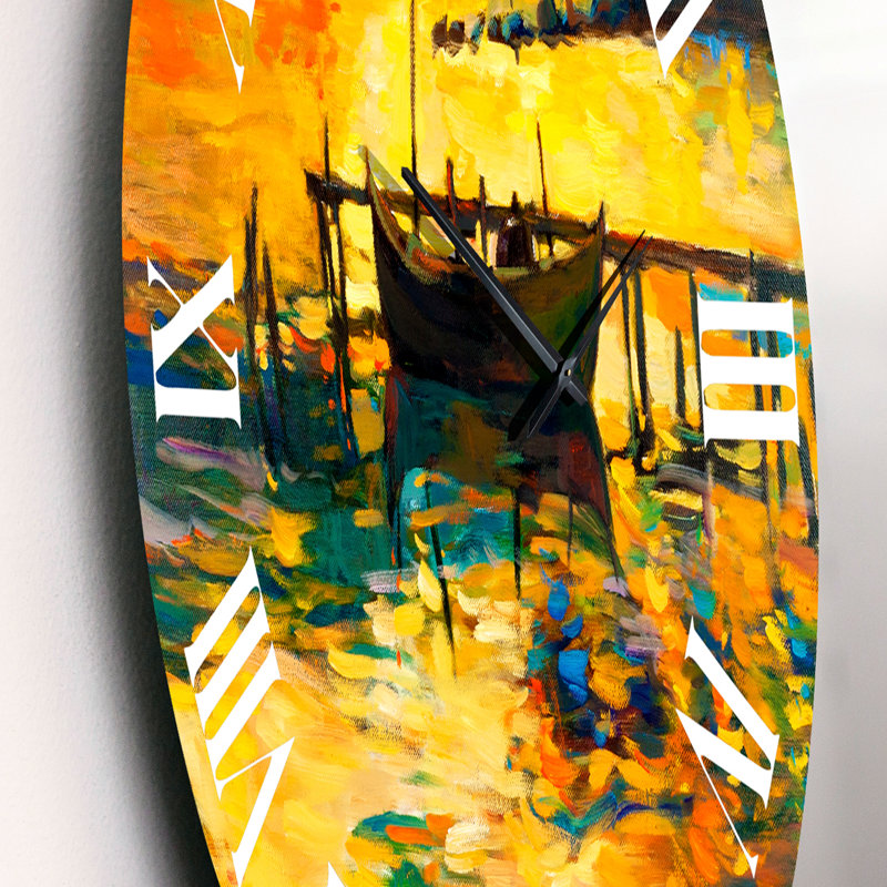Bateau pendant la soirée, lueur au lac VI - horloge murale nautique et côtière, Petit