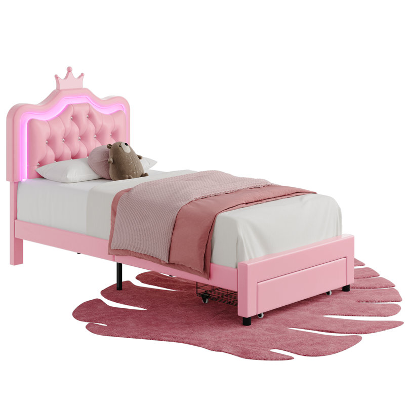Lit plateforme tapissier en cuir Largent avec lumières DEL et tête de lit couronne blanc / rose, Simple, Rose