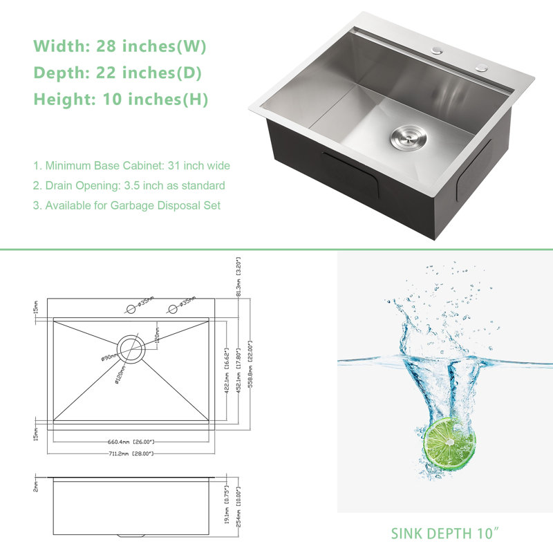 Workstation Drop-In Kitchen Sink Single Bowl Stainless Steel Handmade Kitchen Sink with Two Faucet Holes, 28" L x 22" W