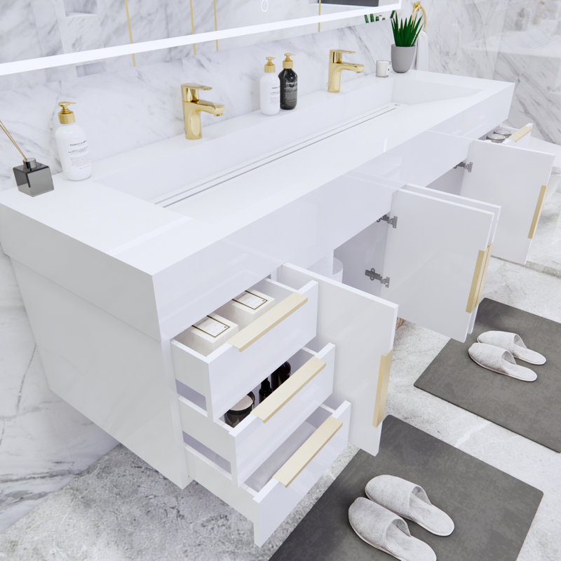 Ensemble de meuble-lavabo double mural 71 po Thomason, Blanc ultrabrillant, Blanc