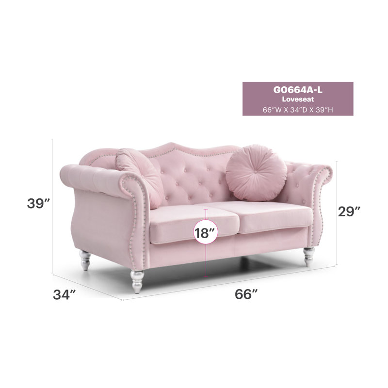 Farney Velvet Rolled Arm Loveseat, Pink