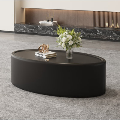 Table basse ovale cachée avec rangement, design noir moderne avec plateau en verre trempé certifié 3C et revêtement en cuir de qualité supérieure, mobilier de salon