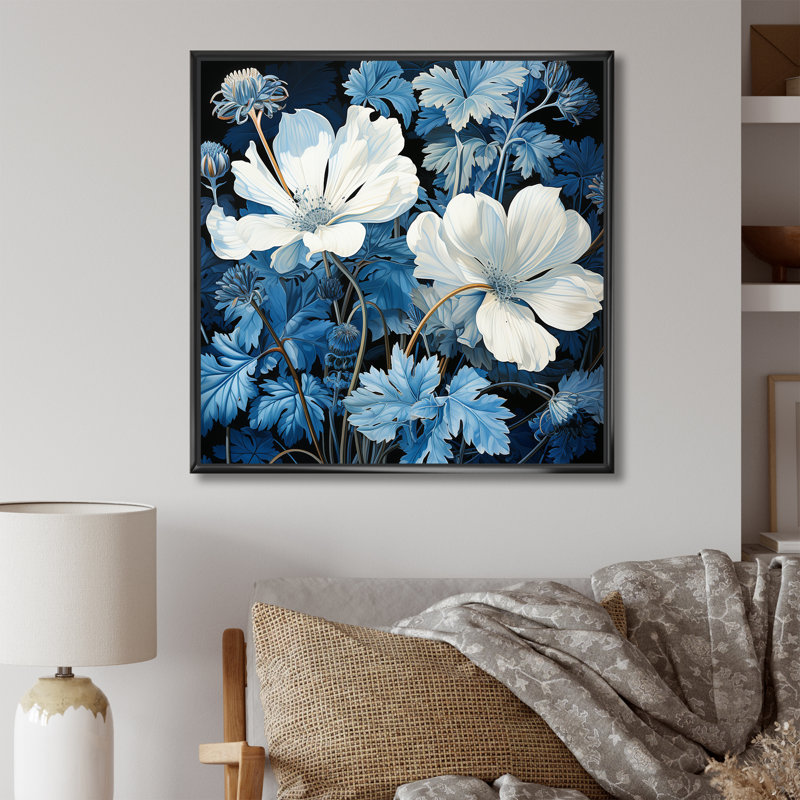 Minimalisme, géraniums bleus et blancs I sur toile, Cadre flottant noir, H 24 po x l 24 po x P 1 po