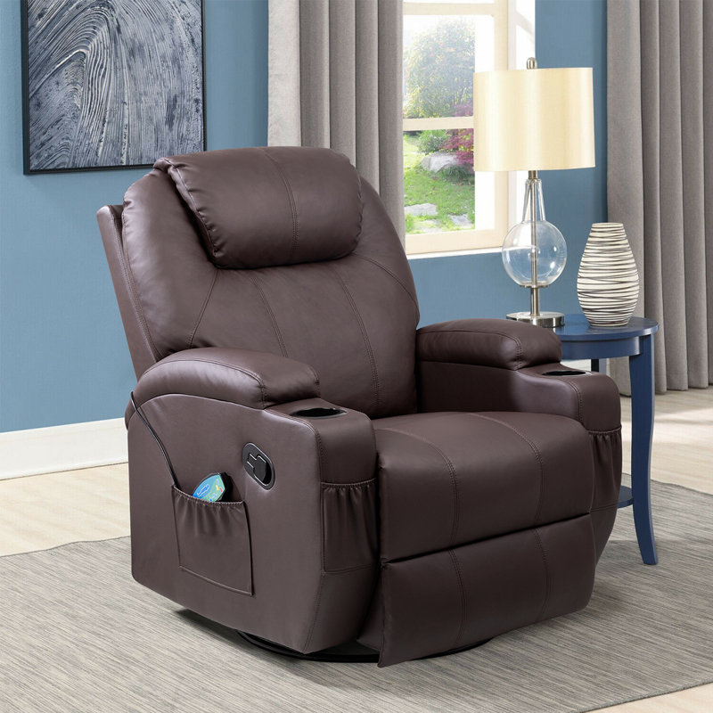 Basia 32.5" Wide Leather Adjustable Recliner with Massager，360° Rotatable, Brown Faux Leather
