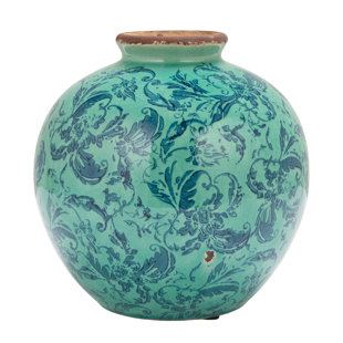 Dolohov Round Decorative Terra-cotta Vase with Transferware Pattern