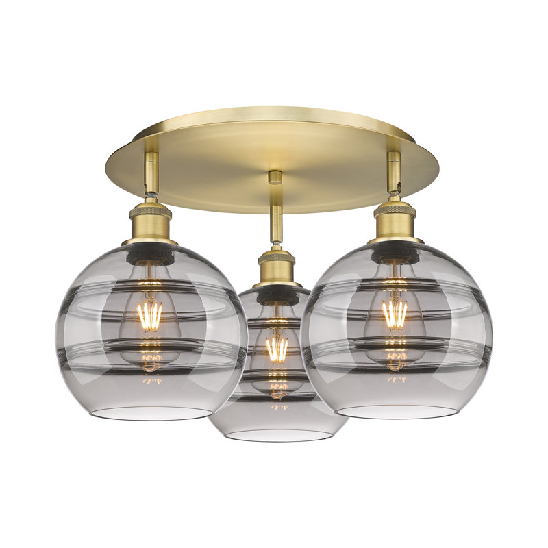 Plafonnier semi-encastré Glassoff, Laiton brossé, Gris fumée clair, H 10,88 po x l 19,75 po x P 19,75 po