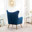 Fauteuil en velours bleu avec dossier à oreilles et dossier. Classique et élégant. Pieds. Protection de plancher. L 30,02 po x P 26,5 po x H 35,5 po. Instructions d'assemblage fournies avec pieds élégants en métal doré-1621448754