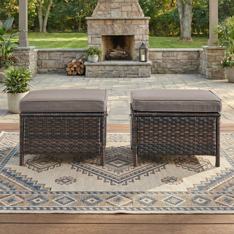 Ensemble de 2 repose-pieds en rotin avec coussins amovibles en osier pour patio, Gris, Brun