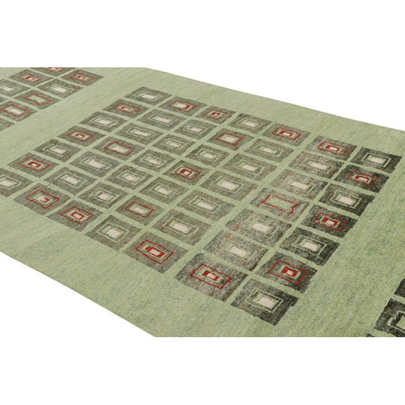 Rug & Kilim’S French Art Deco Style Rug In Green With Geometric Patterns, Rectangle 5'8" x 11'10"