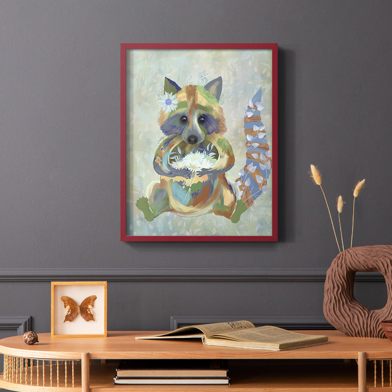 Fantastic Florals Raccoon, reproduction encadrée - bois massif, Rouge, H 10 po x l 8 po