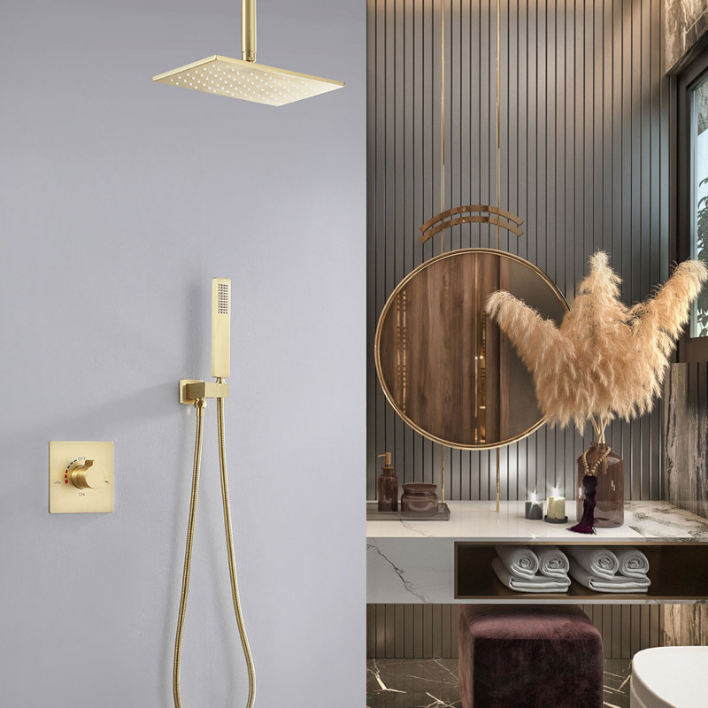Système de douche complet au plafond avec valve brute (avec boîte encastrée), Or brossé