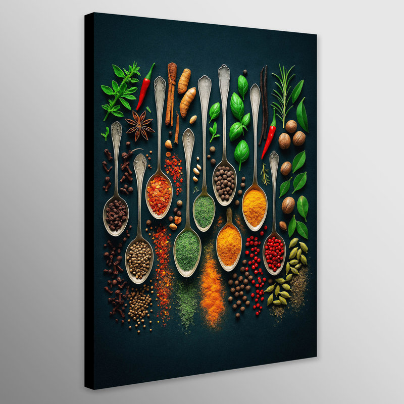 Herbs Spoons Spices Portrait Kitchen Wall Art - Canvas Framed Print, 43cm H x 35cm W