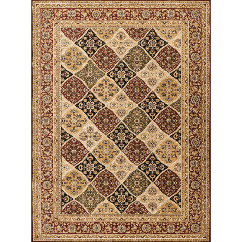 2 pi 7 po Tapis de couloir rouge X 9 10, fabriqué à la machine avec des motifs de panneaux floraux et à médaillons, motif classique luxueux orné, envers 100% polypropylène