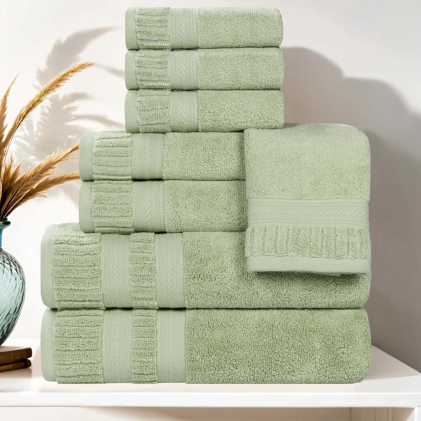 Zero-Twist Cotton Towel Set, Green, 8 Piece Towel Set