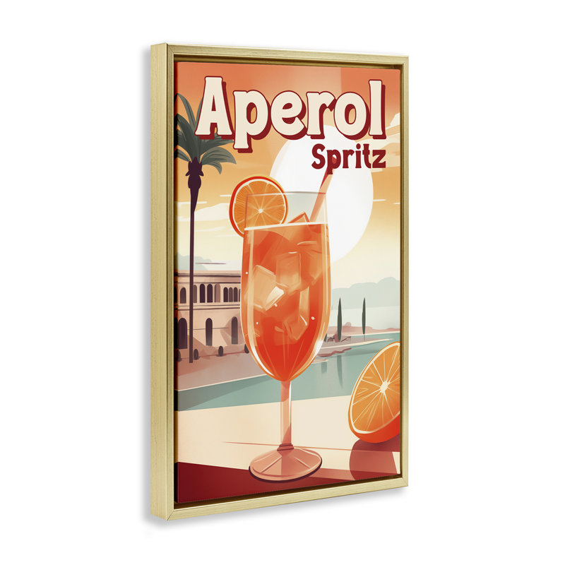 Cadre flottant Bright Tropical Aperol Spirz, design par Andreas Magnusson, H 25 po x l 17 po, Cadre flottant métallique doré