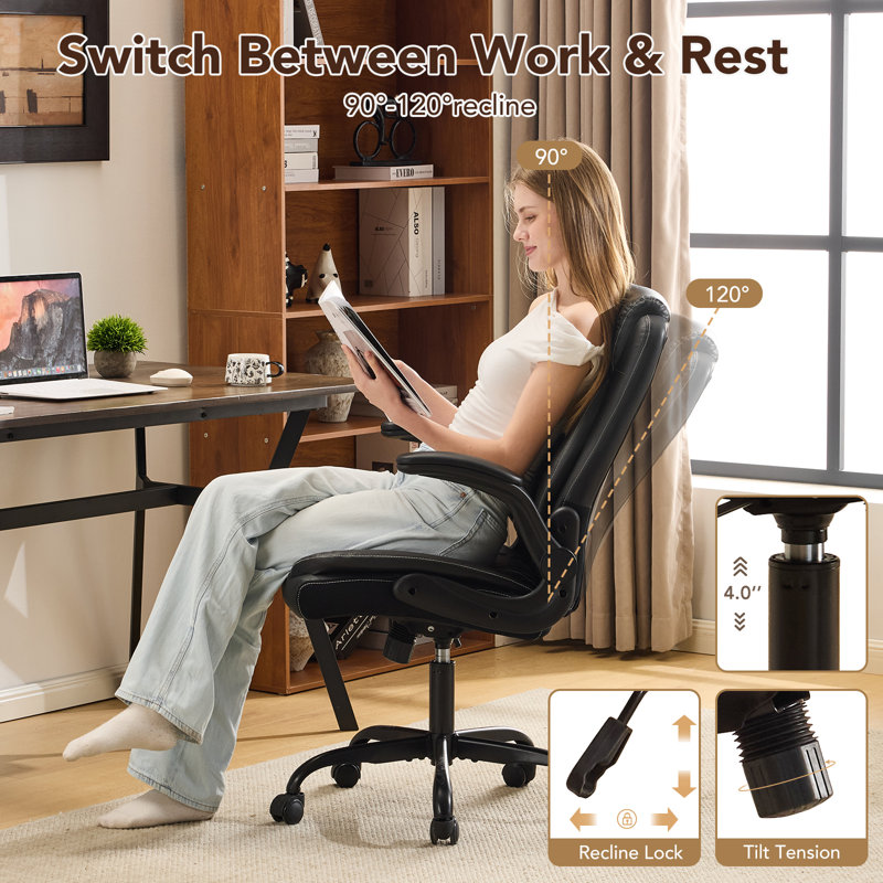 Leather Office Ergonomic Home Office Desk Chair, Back Support Swivel Executive Office Chair with Wheels and Flip-Up Armrests, Small Gaming Chair with Adjustable Rocking Function, Black