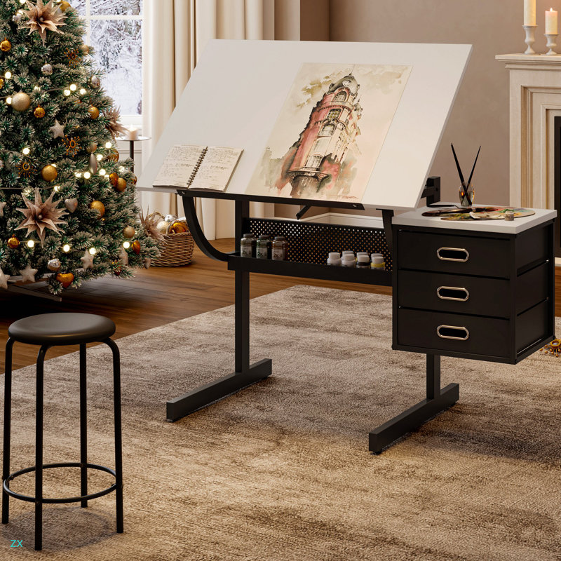 Table à dessin réglable avec tabouret et 3 tiroirs