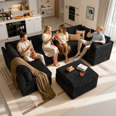 Cloudelle 7-piece Modular Sectional, U Shaped Minimalist Couches With Sofa Bed Chaise, Modern Deep Seat Cloud Plush Corduroy Sofa Set For Living Room