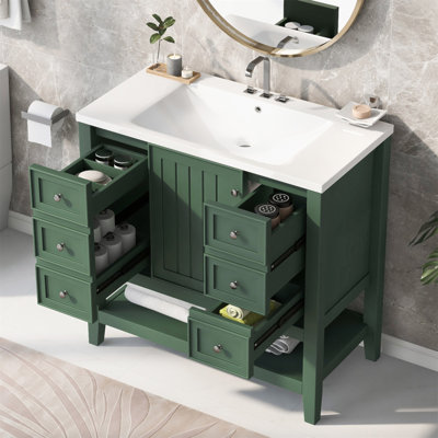 Meuble-lavabo en bois massif et panneau de fibres à densité moyenne de 36 pouces avec lavabo, armoire et trois tiroirs pour un rangement spacieux et durable