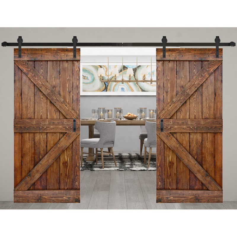 K Style Solid Core Wood Double Sliding Barn Door with Hardware Kit -Assembly Needed, 76" x 84", Classic Walnut