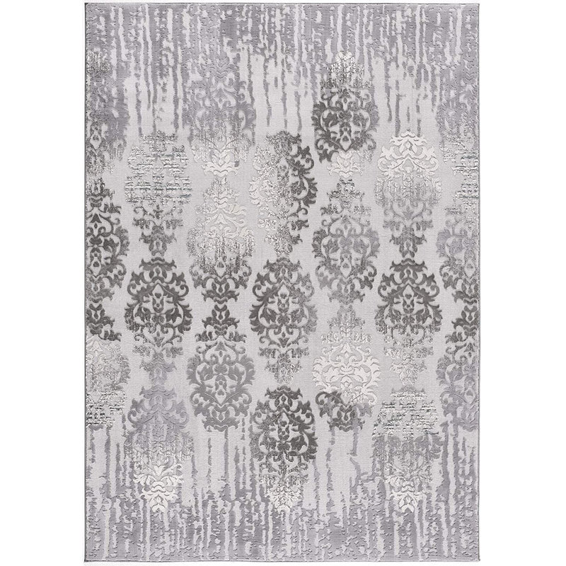Tapis damassé gris et ivoire 5 pi x 7 pi