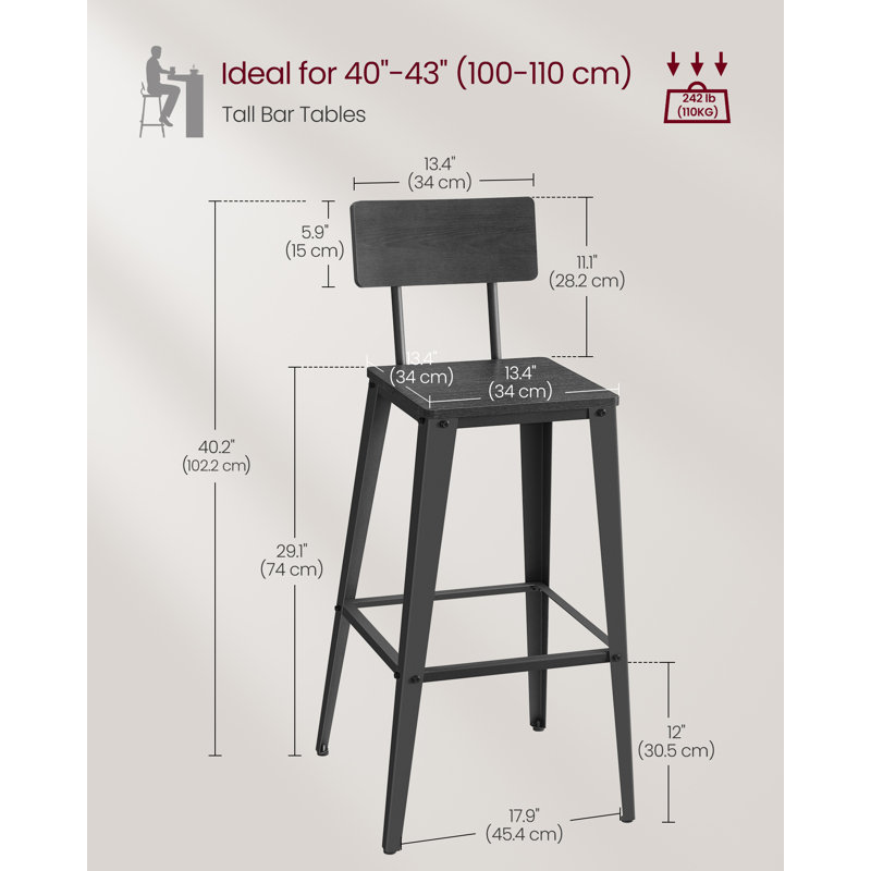 Set Of 2 Bar Stools, Bar Height Stools, Tall Bar Stools With Back, Bar Chairs, Steel Frame, Industrial Style
