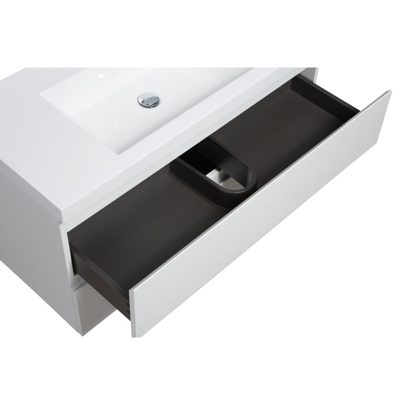 Meuble-lavabo flottant 36 po avec lavabo, meuble-lavabo mural moderne avec lavabo en résine et tiroirs à fermeture en douceur, blanc brillant 24V11-36GW