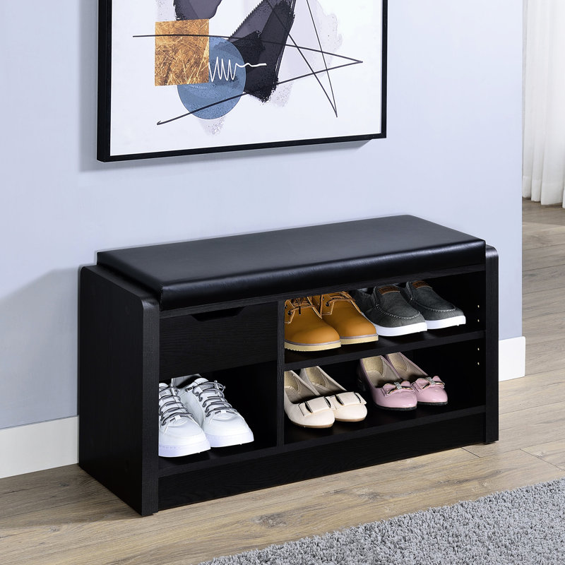 Banc de rangement à 1 tiroir noir, coussin en mousse confortable avec similicuir, bois d'ingénierie en stratifié de chêne et coussin de garage polyvalent à compartiments ouverts, revêtement en cuir, réglable