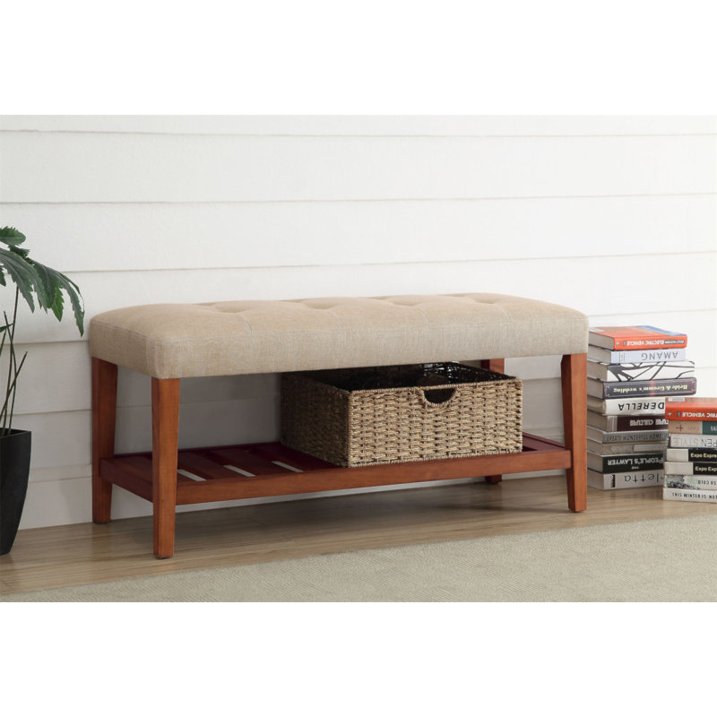 Charla Beige Fabric & Oak Finish Bench, Beige