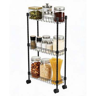 Chariot de rangement roulant en métal fin – Étagère utilitaire réglable à 3 niveaux avec paniers et roulettes – Solution gain de place pour bureau, cuisine, salle de bain – Chariot de poussée robuste en acier – Trois niveaux, noir