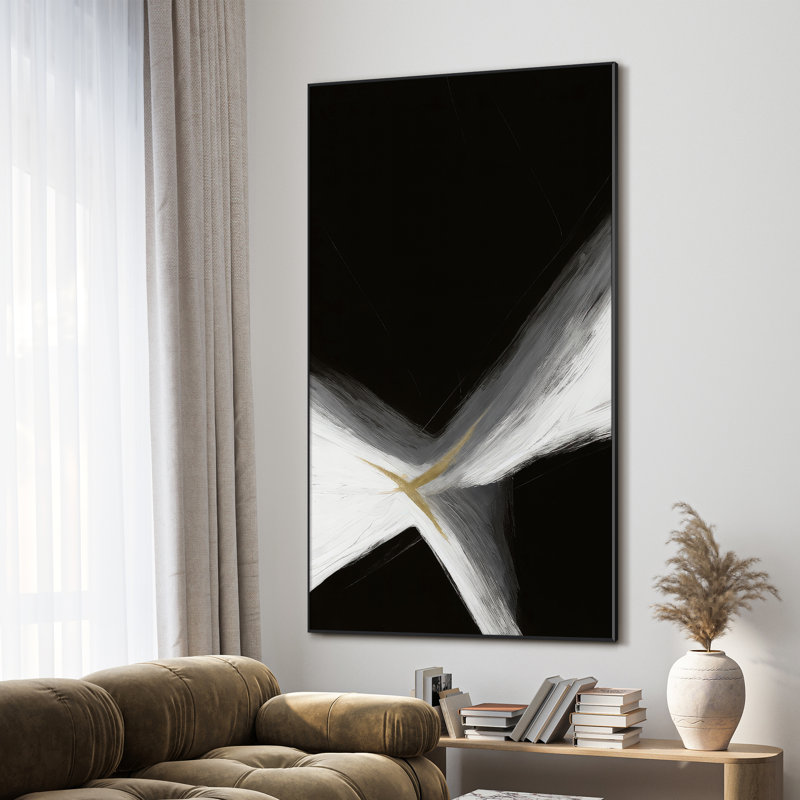 Très grande impression d'art minimaliste abstrait coup de pinceau - coups blancs et dorés sur fond noir, décoration d'art moderne pour le salon ou la chambre à coucher, assemblage de cadre requis