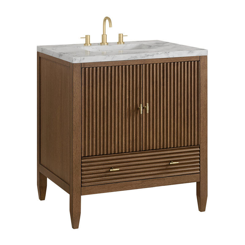 Myrrin 30" W Single Vanity, Carrara Marble, Mid-Century Walnut, 8" Widespread
