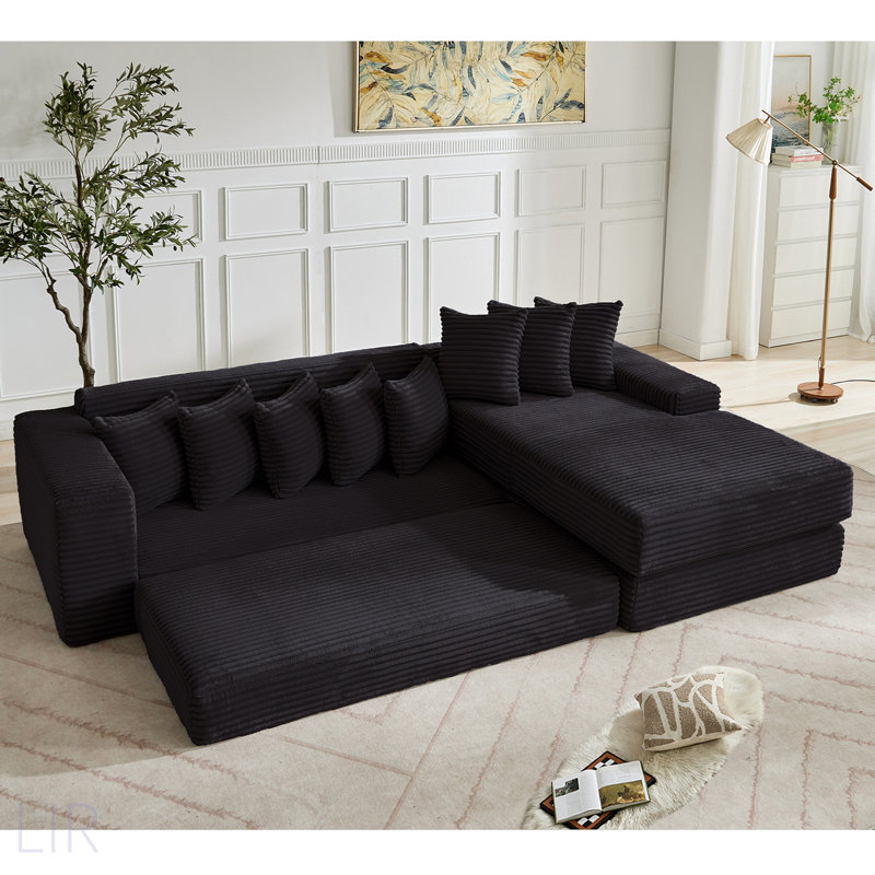 Oversize Cloud Sectional Couch, L-Shape Sofa, Convertible Floor Sleeper Sofa Bed, No Assembly, Eight Pillows, 3-In-1, Magazine Bag, Right Facing, Corduroy