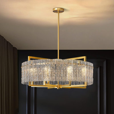 Friedhardt 6-Light Dimmable Crystal Drum Chandelier with Textured Glass, Gold Modern Lighting for Kitchen Island or Dining Room
