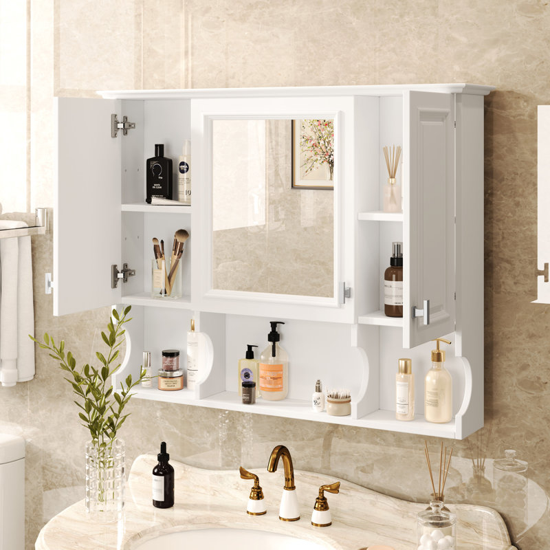 35'' X 28'' Wall Mounted Mirror Cabinet For Bathroom, 3 Doors, Adjustable Shelves, High - Definition Vision, Minimalist Design Bathroom Medicine 28'', Waterproof Finish, Hidden And Open Storage,