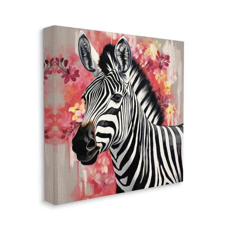 Art mural sur toile Zèbre avec fleurs roses par Lazar Studio, H 36 po x l 36 po x P 1,5 po