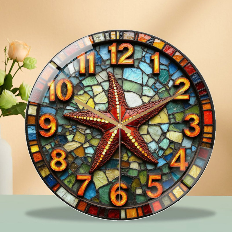Colorful Starfish Mosaic Wall Clock for Home Decor Art - 12'' Modern Glass Wall Clock